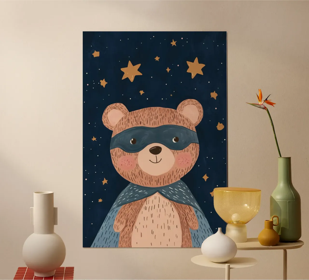 Orso supereroe, decorazioni per camerette per ragazzi poster con telaio in legno da Little Lola