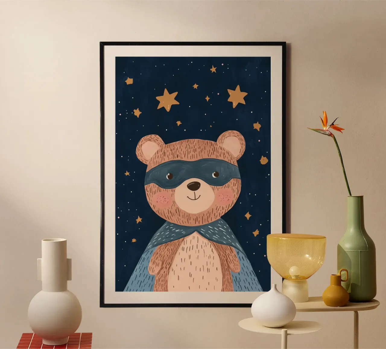 Orso supereroe, decorazioni per camerette per ragazzi poster con telaio in legno da Little Lola