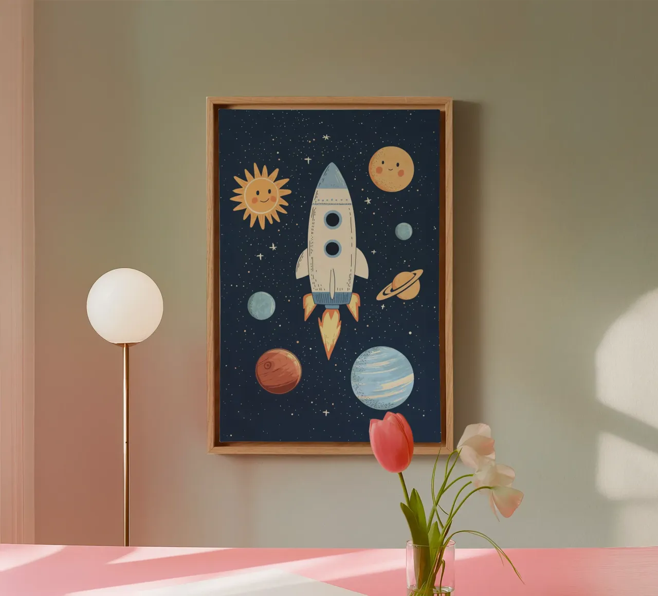 Rocket in Space, Boys Nursery Print, Playroom Decor, Planets canvas with Floater frame by Little Lola
