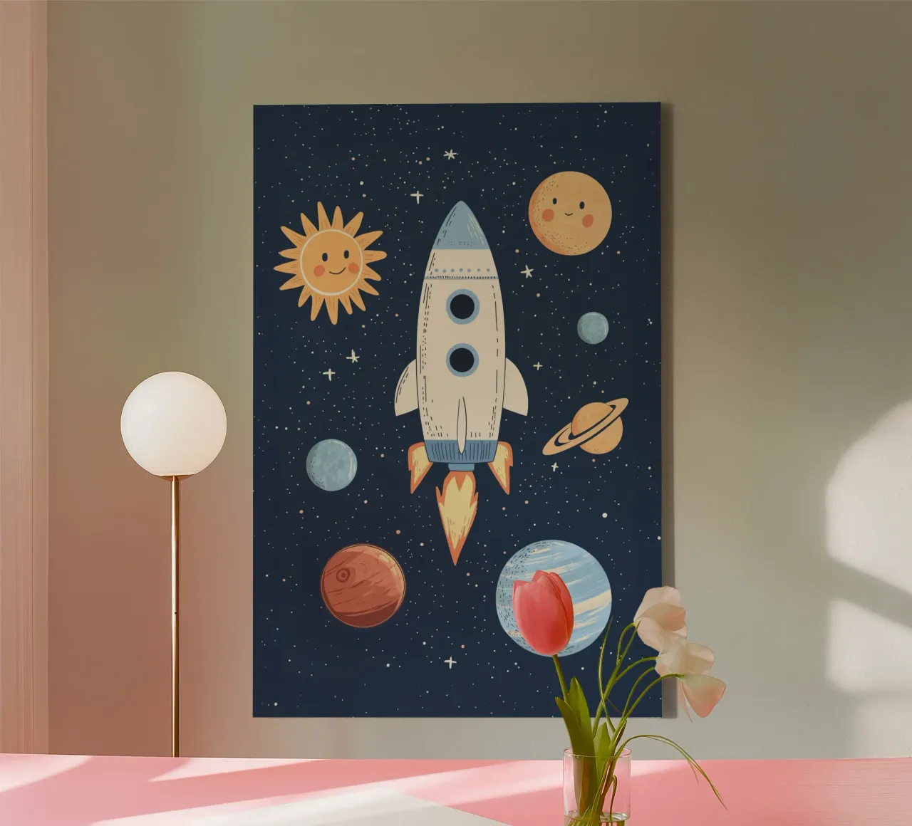 Rocket in Space, Boys Nursery Print, Playroom Decor, Planets canvas with Floater frame by Little Lola