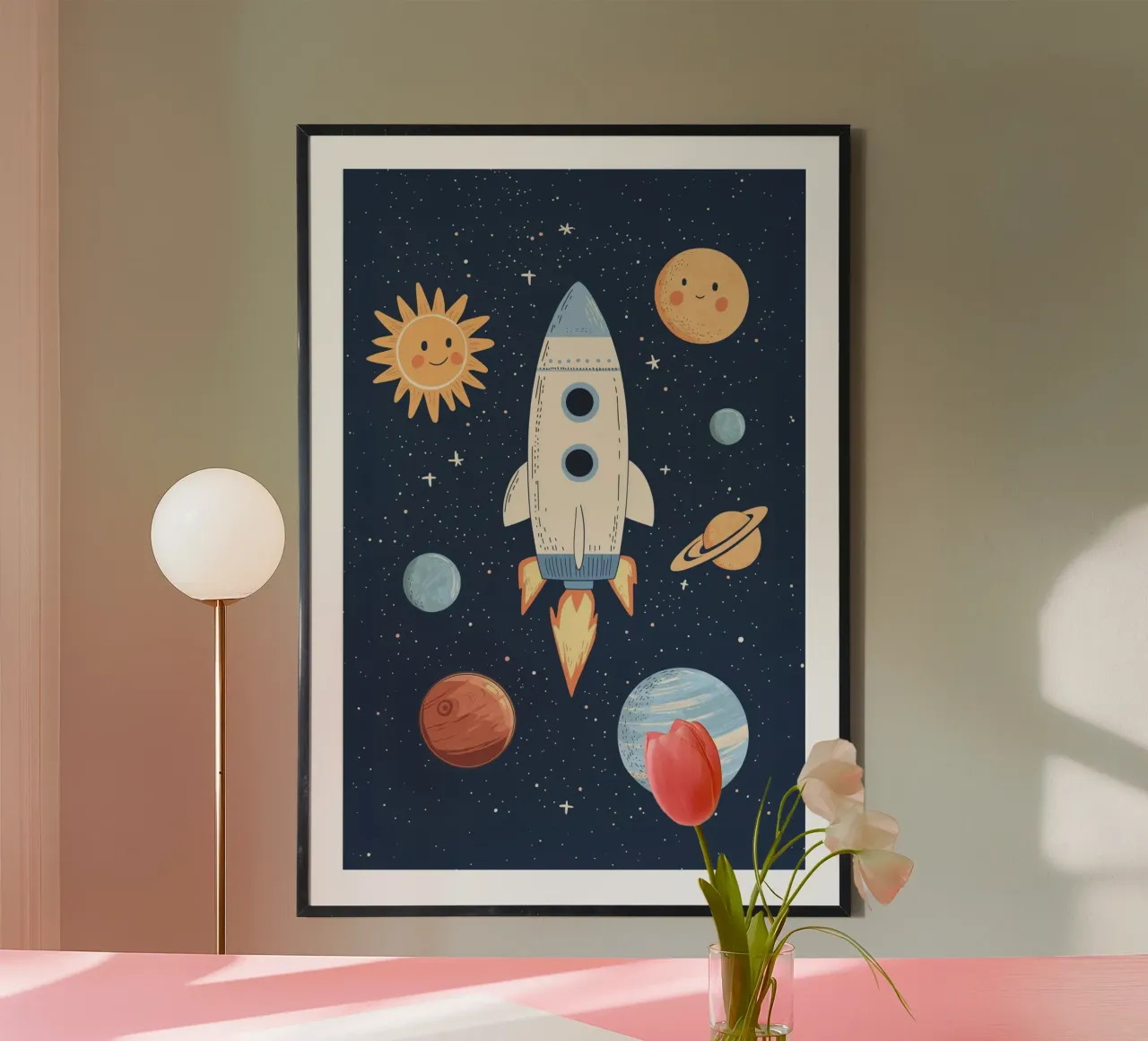 Cohete en el espacio, Decoración para cuarto de juegos, Planetas poster con marco de plástico de Little Lola