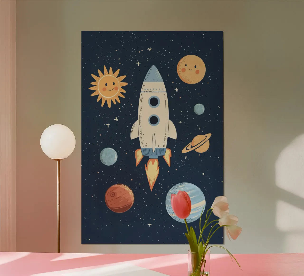Cohete en el espacio, Decoración para cuarto de juegos, Planetas poster con marco de plástico de Little Lola