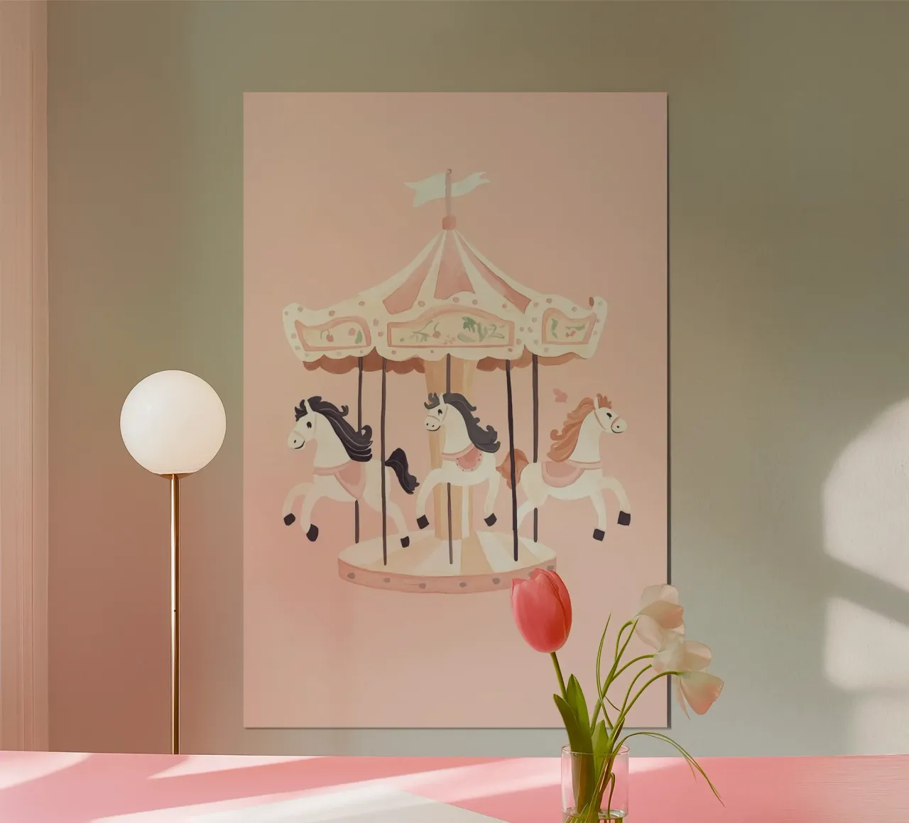Poster rosa Carousel, decorazione per camerette per bambini, arte per camerette per ragazze poster con telaio in plastica da Little Lola