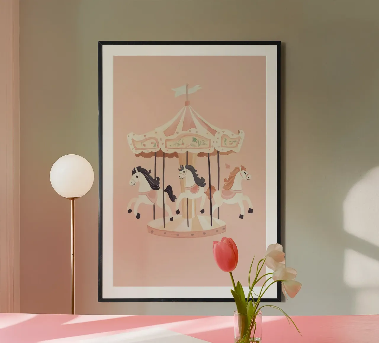 Poster rosa Carousel, decorazione per camerette per bambini, arte per camerette per ragazze poster con telaio in plastica da Little Lola