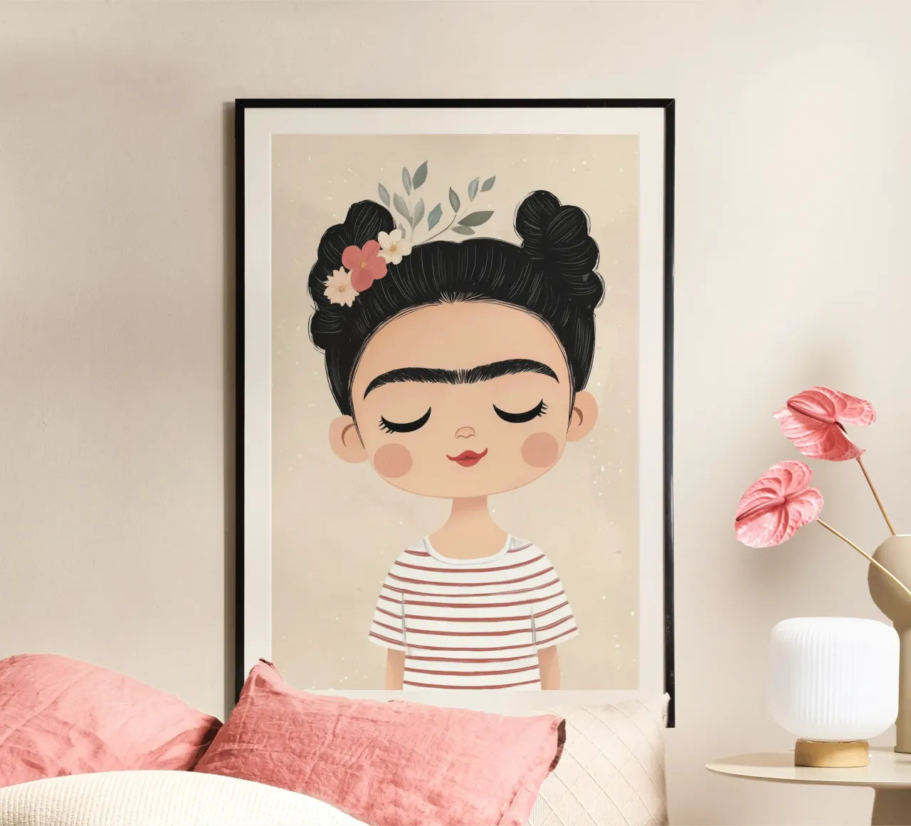 Illustrazione di Frida per bambini, dipinto di Frida Kahlo, decorazione per la stanza dei bambini poster con telaio in legno da Little Lola