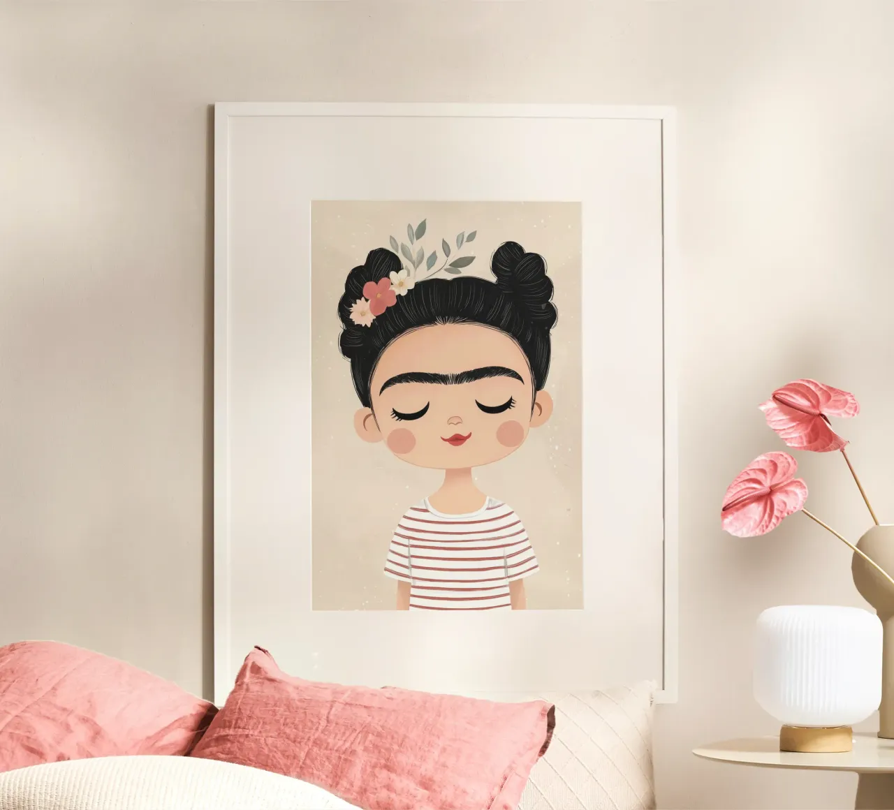 Illustrazione di Frida per bambini, dipinto di Frida Kahlo, decorazione per la stanza dei bambini poster con telaio in legno da Little Lola