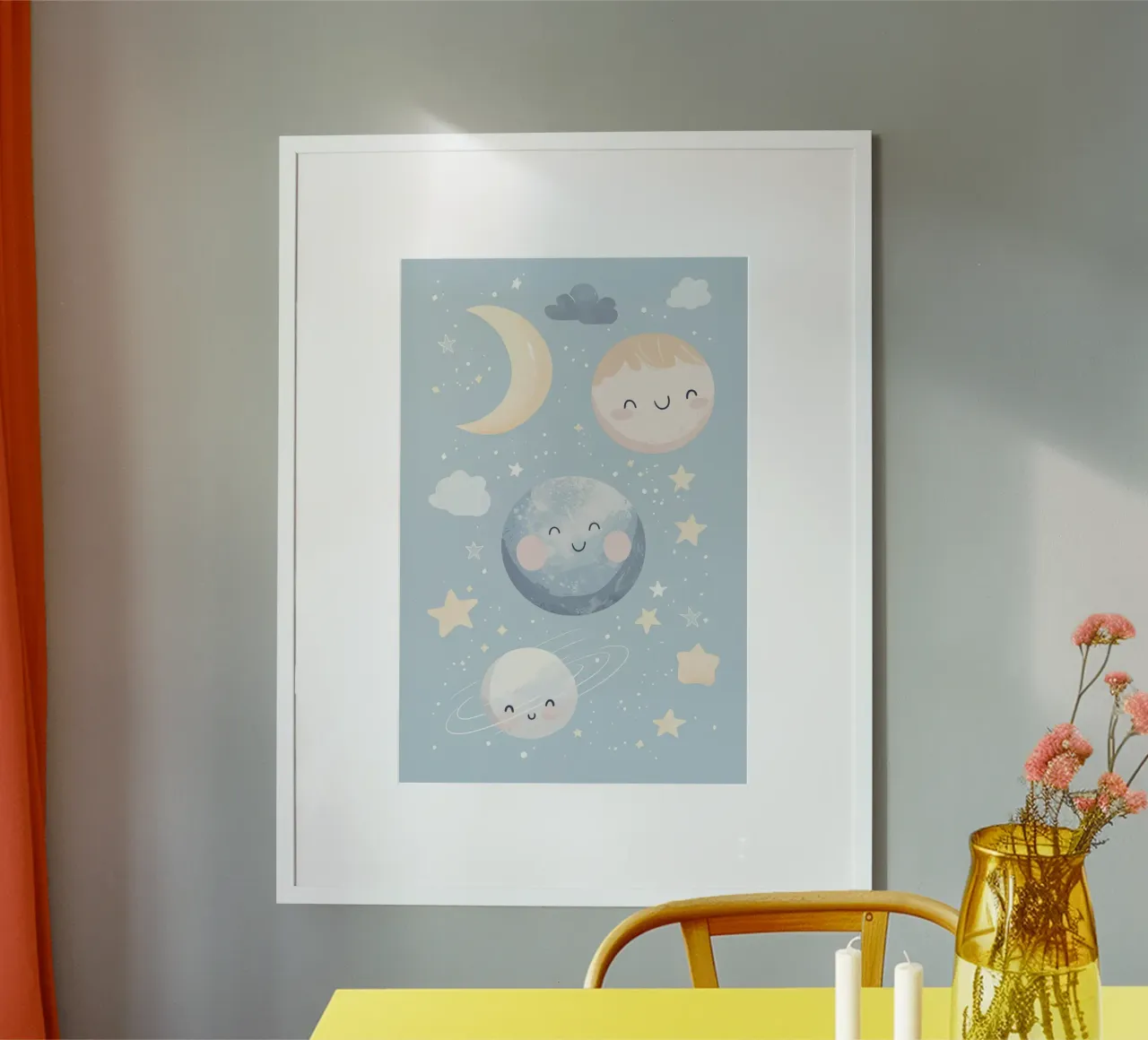 Sala giochi per bambini Illustrazione dello spazio celeste poster con telaio in legno da Little Lola