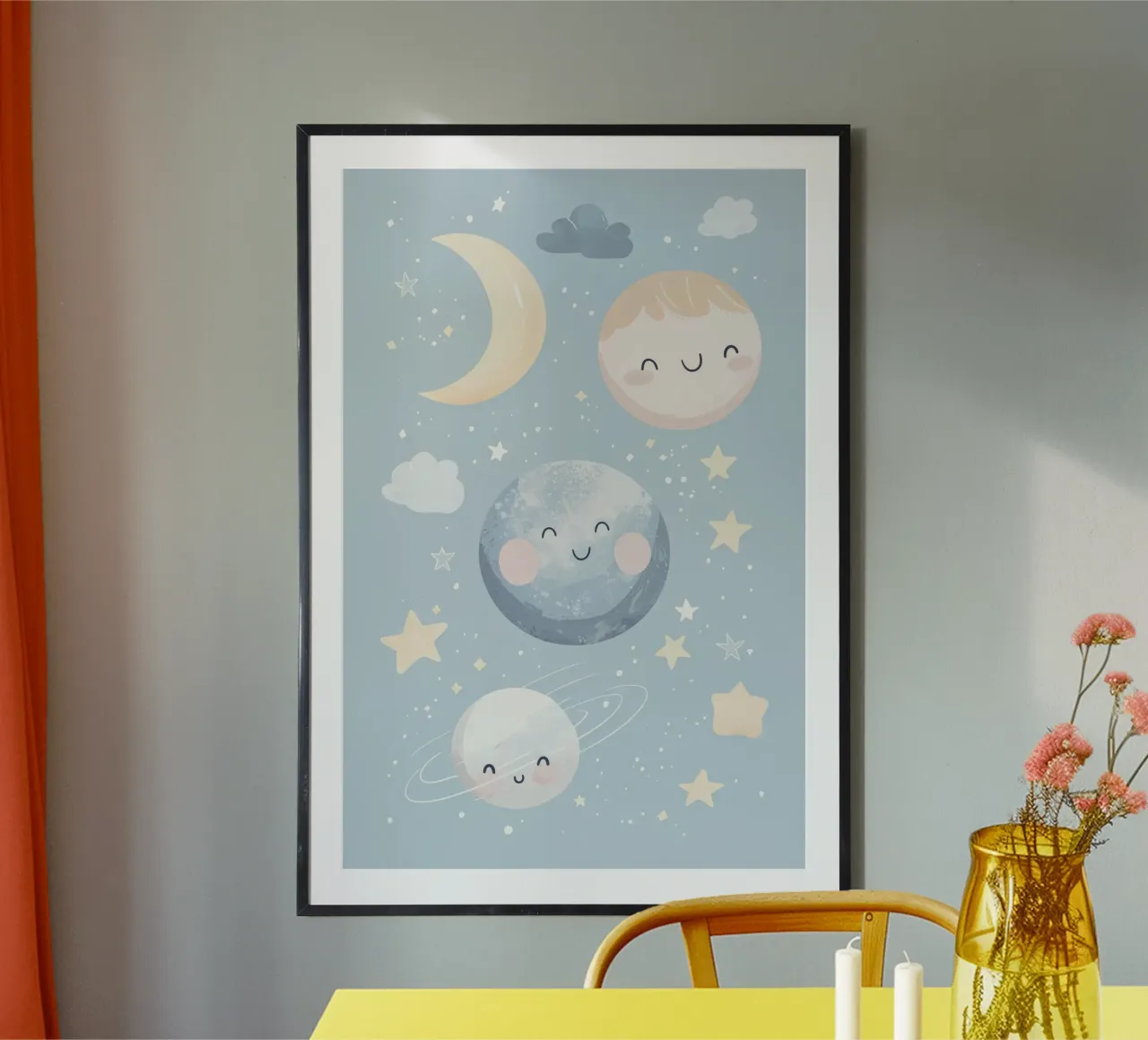 Sala giochi per bambini Illustrazione dello spazio celeste poster con telaio in legno da Little Lola