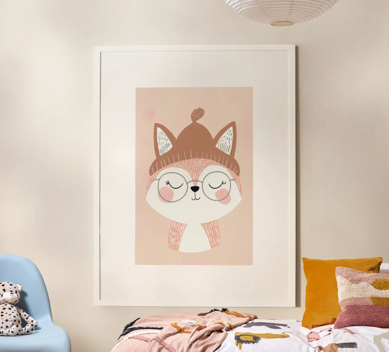 Illustrazione di una volpe per la cameretta dei bambini, decorazione pastello della stanza dei giochi poster con telaio in alluminio da Little Lola