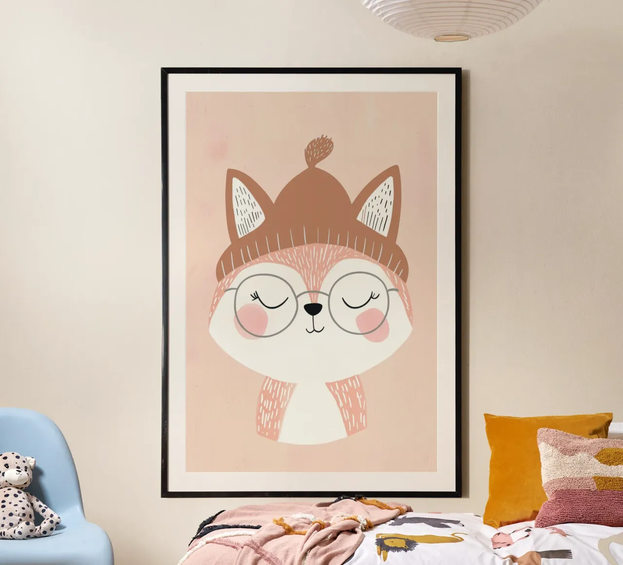 Illustrazione di una volpe per la cameretta dei bambini, decorazione pastello della stanza dei giochi poster con telaio in alluminio da Little Lola