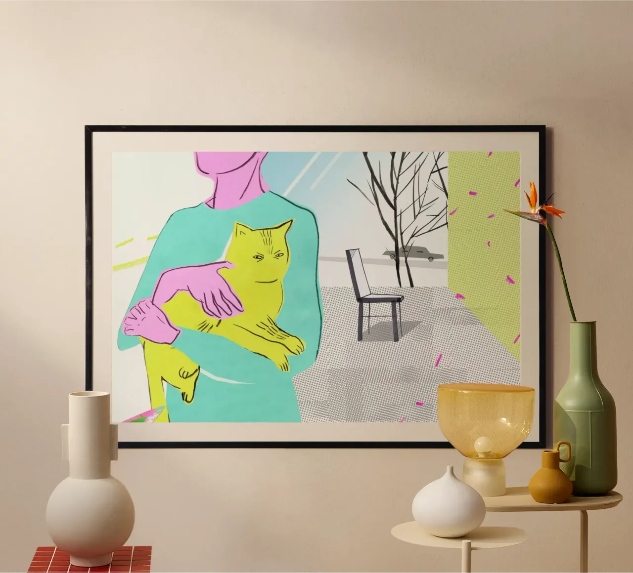 Woman with the Spoiled Cat poster con telaio in plastica da Liga Kitchen