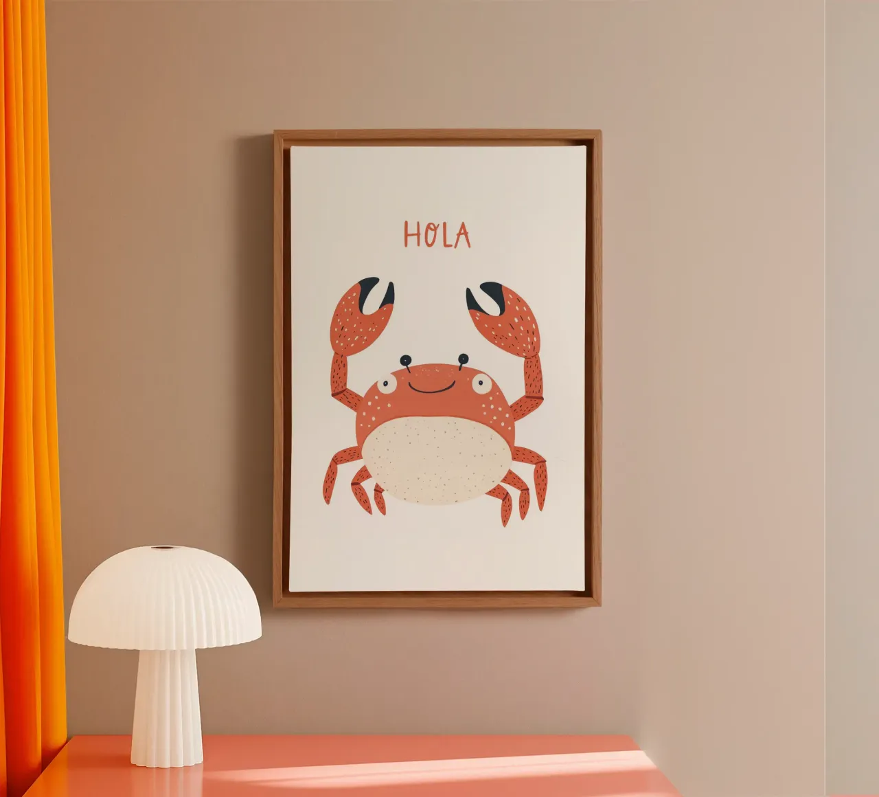 Illustrazione di granchio felice per l'arredamento della camera dei bambini, stampa della cameretta tela con Cornice a cassetta da Little Lola