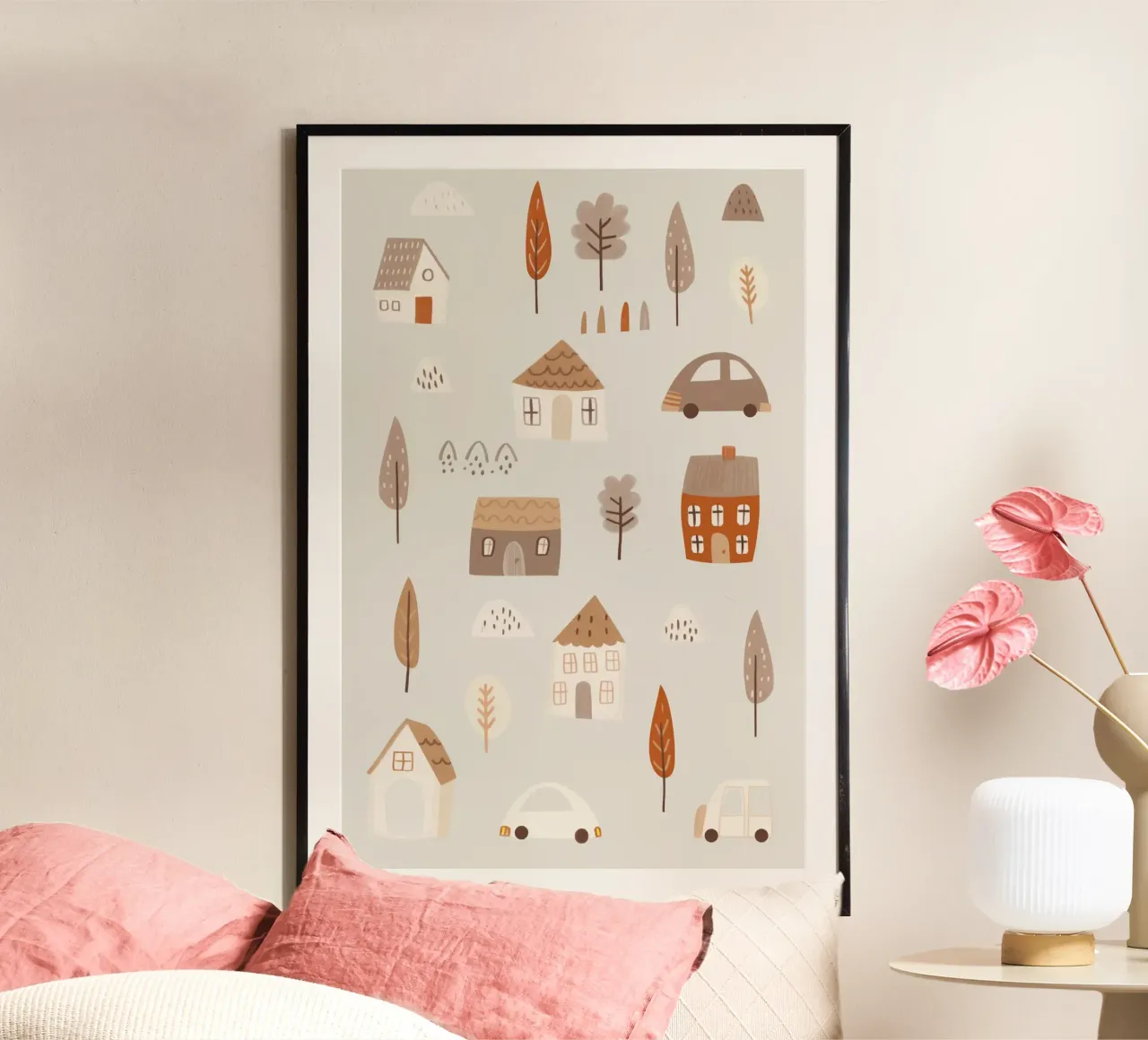 Illustrazione della cameretta dei bambini, arredamento neutro pastello della stanza poster con telaio in plastica da Little Lola