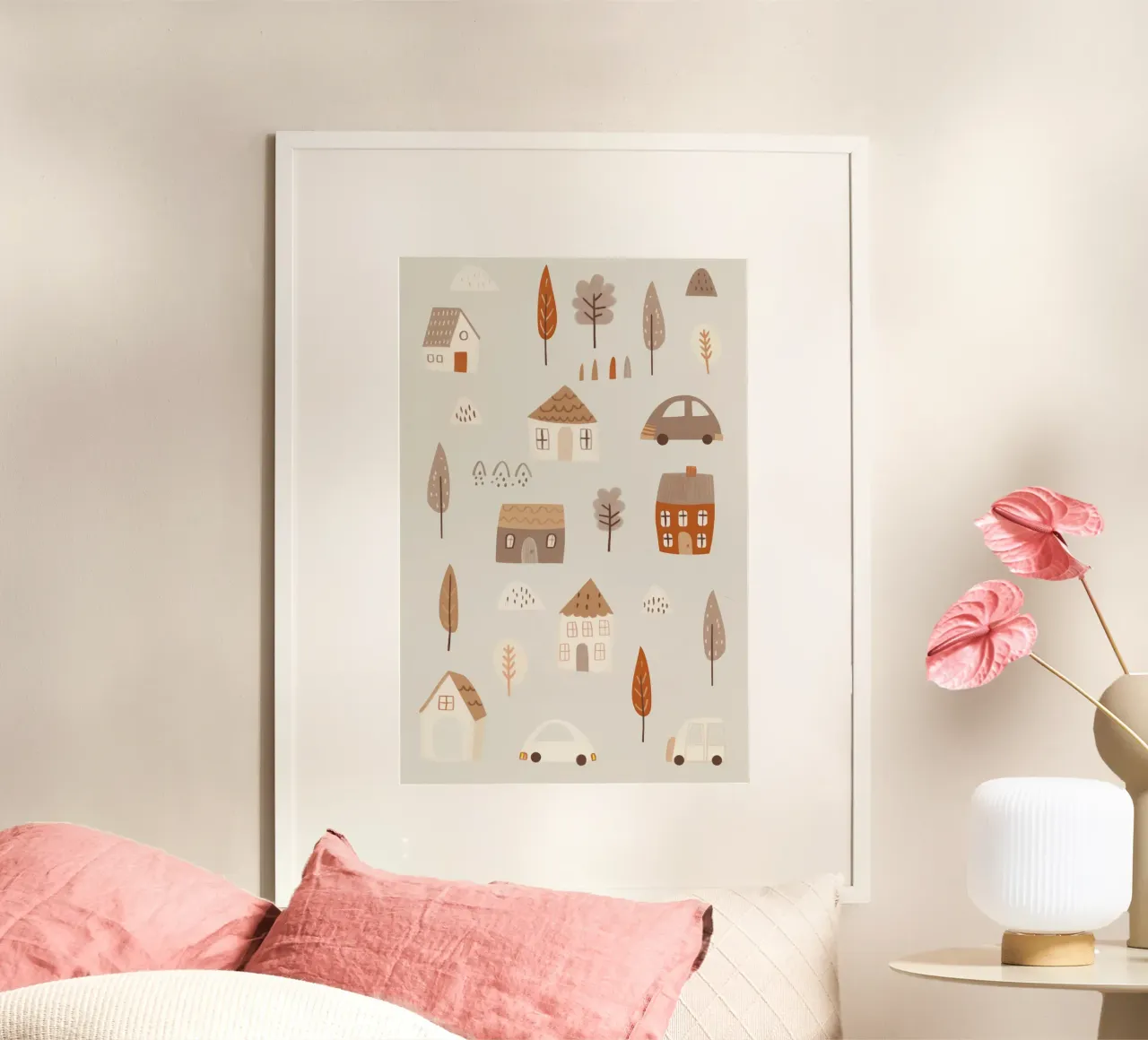 Illustrazione della cameretta dei bambini, arredamento neutro pastello della stanza poster con telaio in plastica da Little Lola