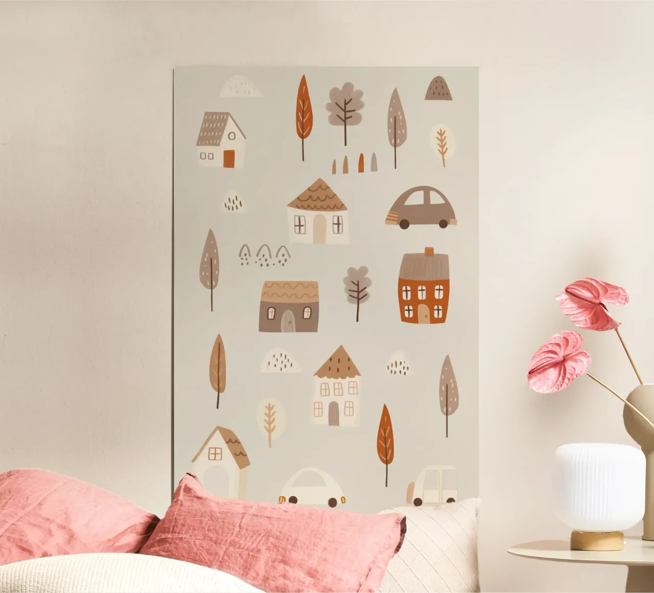 Illustrazione della cameretta dei bambini, arredamento neutro pastello della stanza poster con telaio in plastica da Little Lola