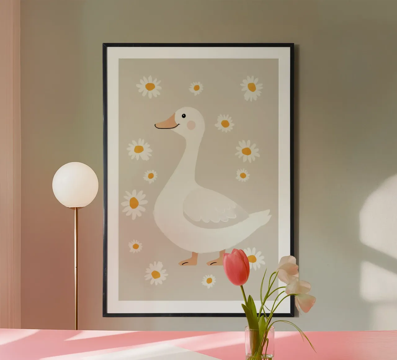 Oca felice con fiori, illustrazione carina per la cameretta dei bambini poster con telaio in legno da Little Lola