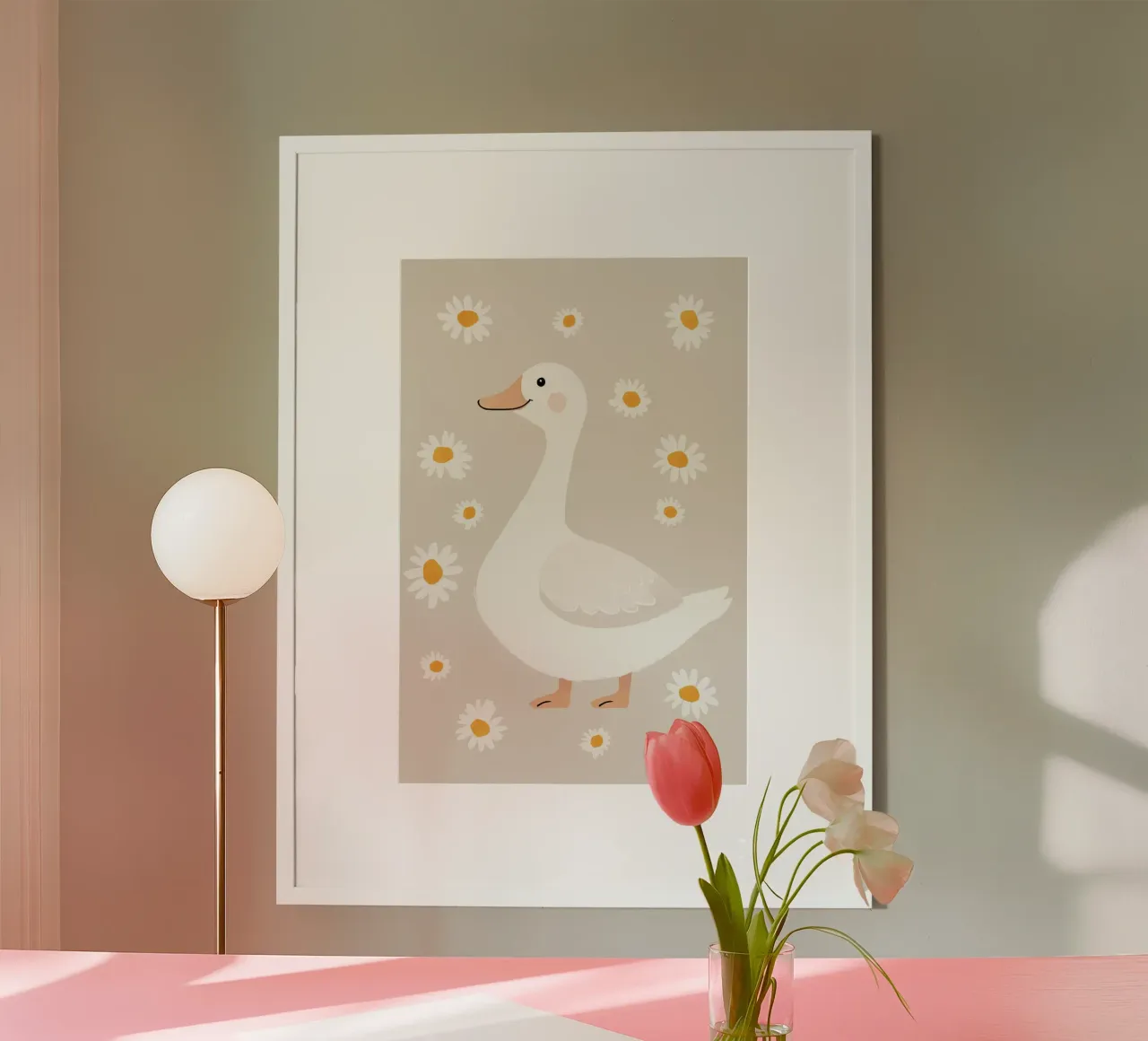 Oca felice con fiori, illustrazione carina per la cameretta dei bambini poster con telaio in legno da Little Lola