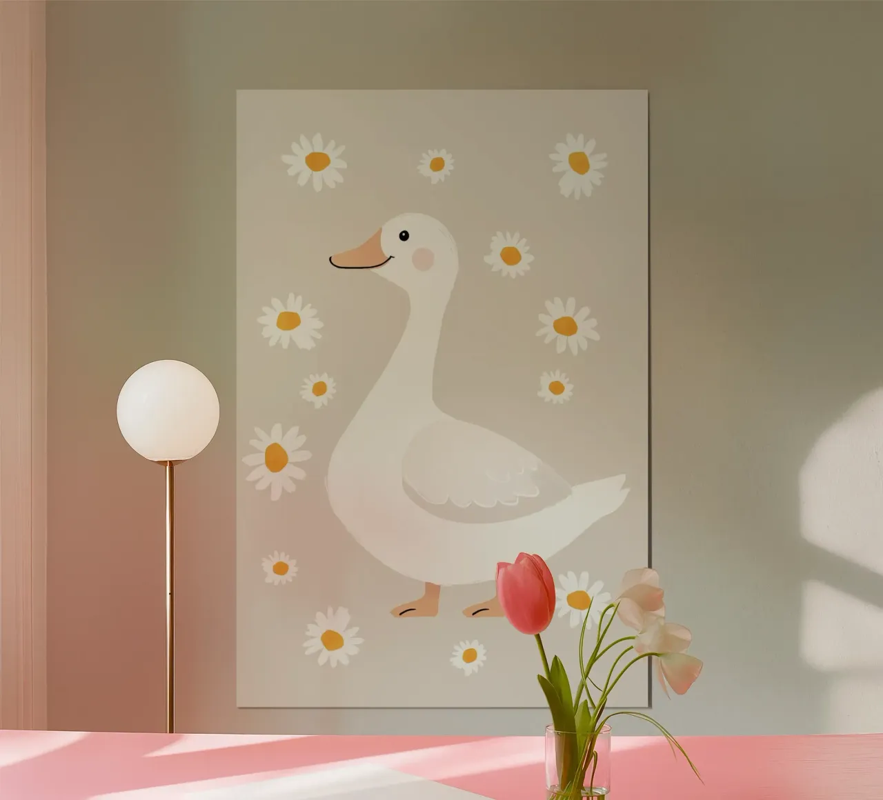 Oca felice con fiori, illustrazione carina per la cameretta dei bambini poster con telaio in legno da Little Lola