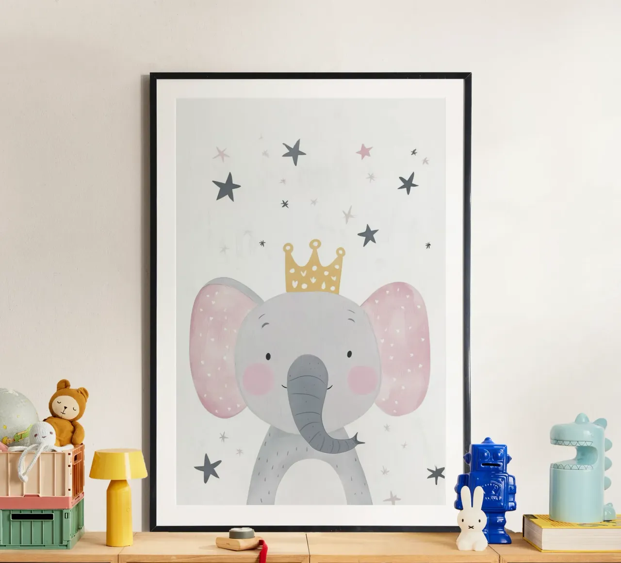 Elefante di festa carino, illustrazione di compleanno poster con telaio in plastica da Little Lola