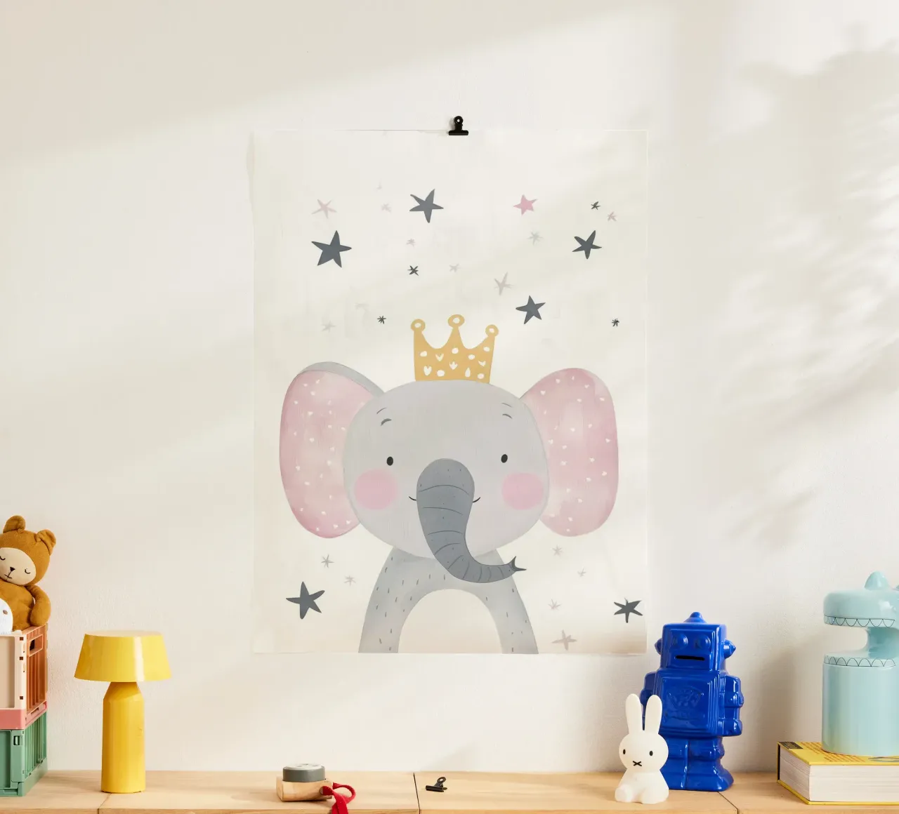 Elefante di festa carino, illustrazione di compleanno poster con telaio in plastica da Little Lola