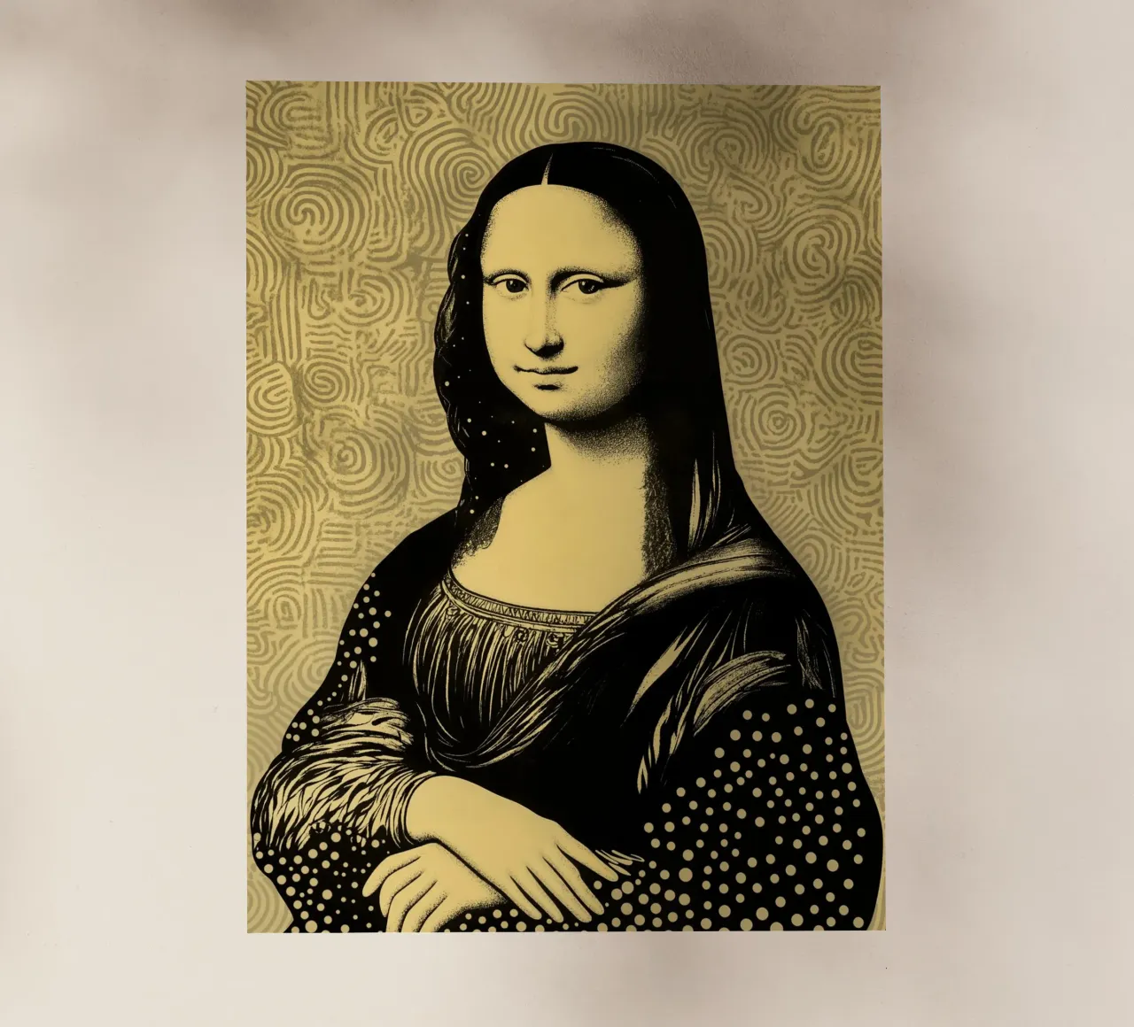 Contemporary Mona Lisa in earth-coloured grid backlit film by Autofocus