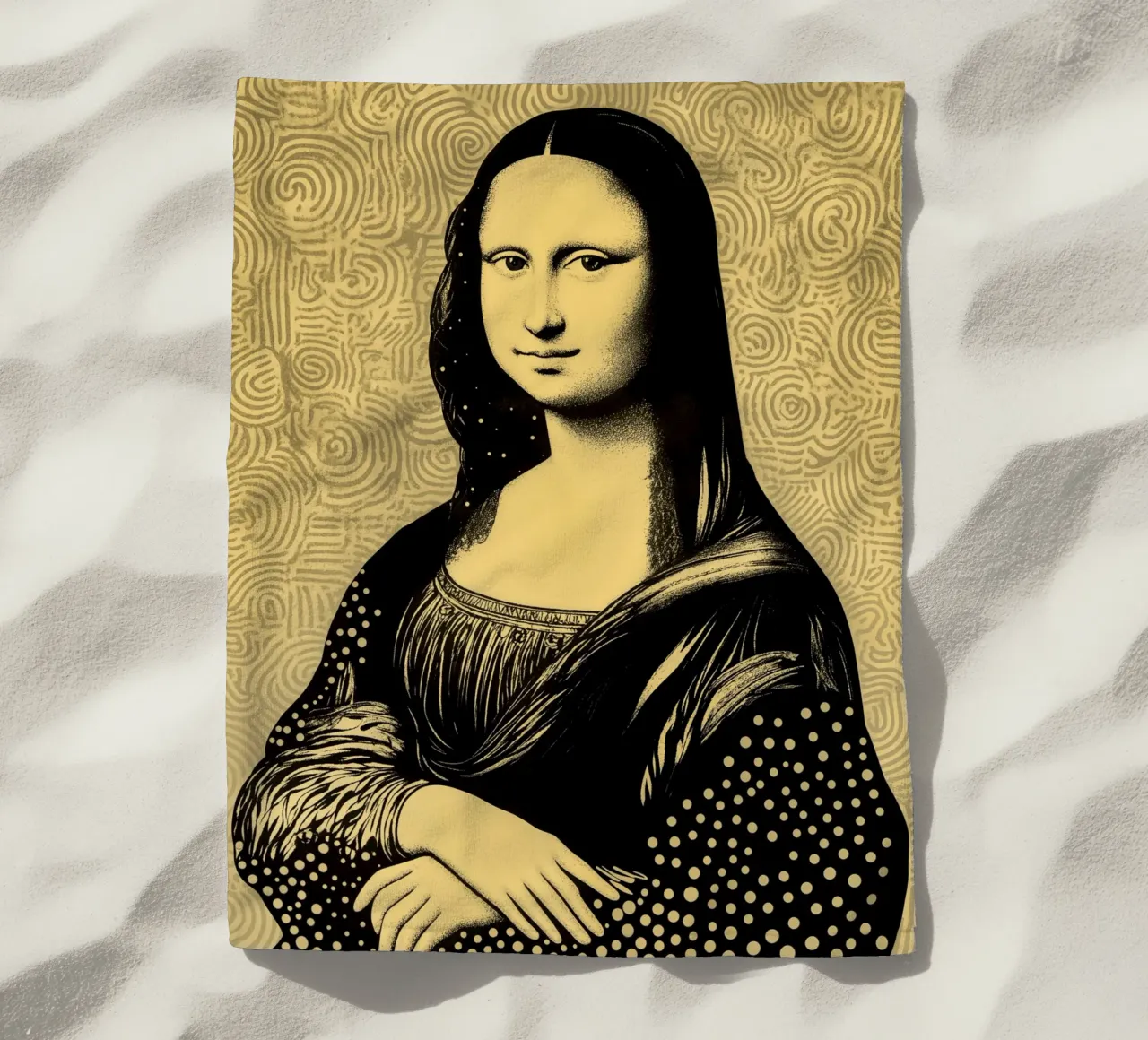 Contemporary Mona Lisa in earth-coloured grid beach towel by Autofocus