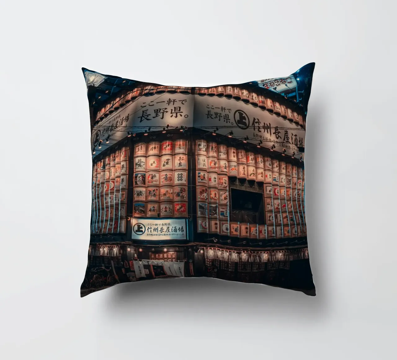 Nagano City Neon Night, Japan decorative cushion by Marcel Bisig