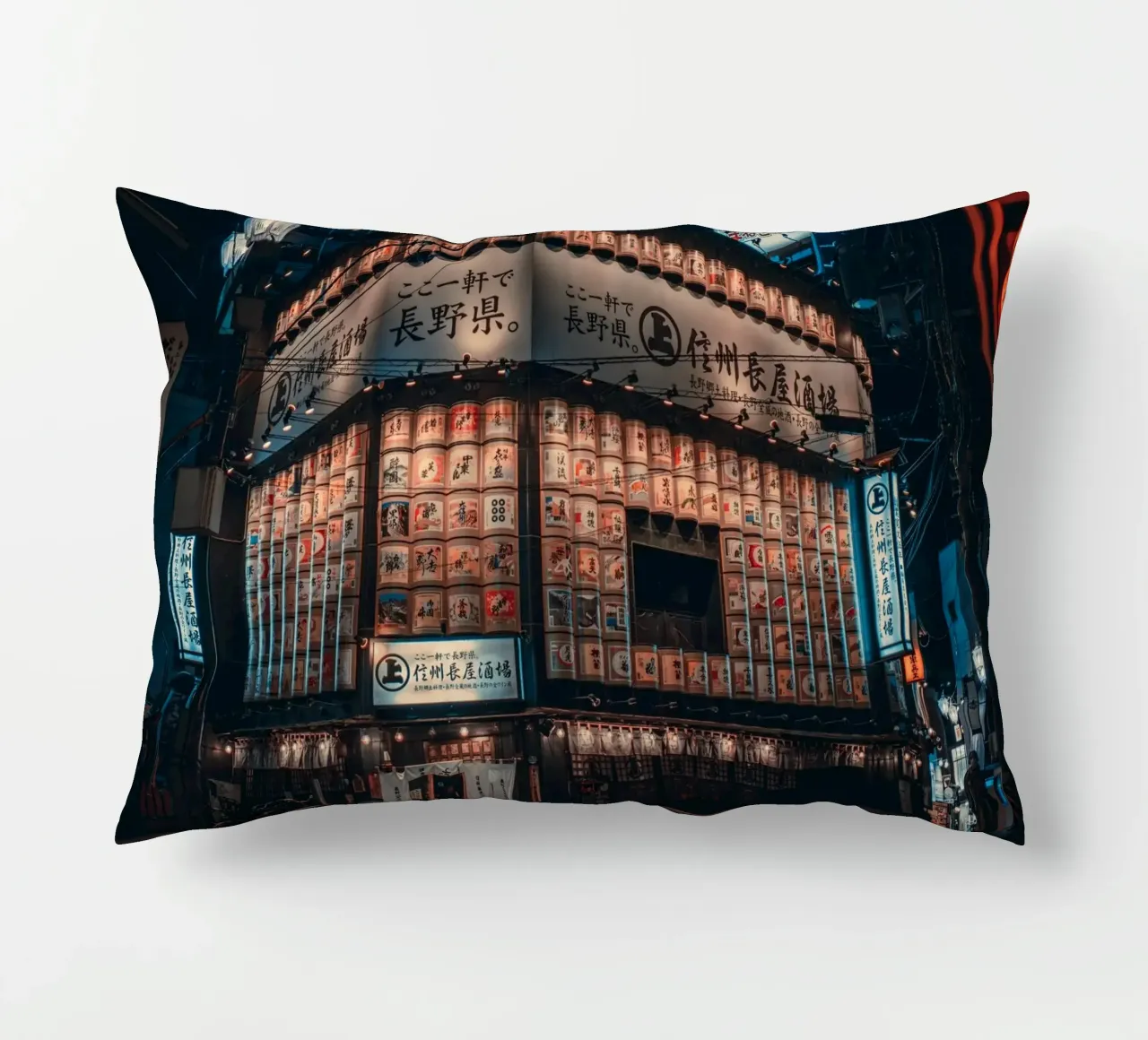 Nagano City Neon Night, Japan decorative cushion by Marcel Bisig