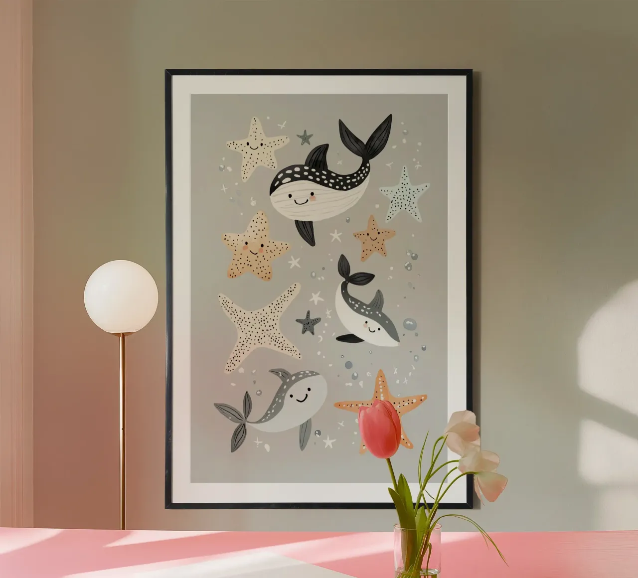 Onder de zee Print, zeester, walvis, zeedieren kunst poster met aluminium frame van Little Lola