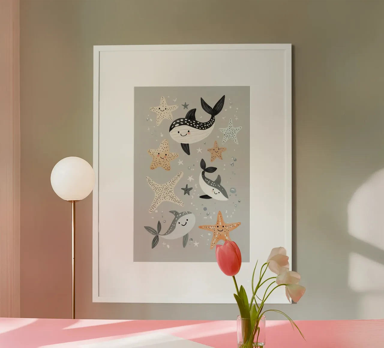 Onder de zee Print, zeester, walvis, zeedieren kunst poster met aluminium frame van Little Lola