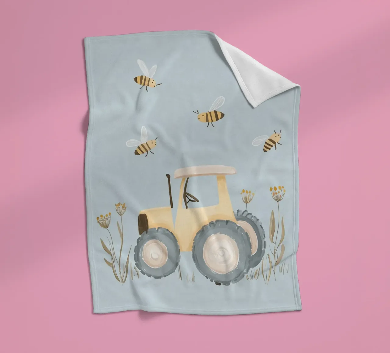 Stampa per cameretta dei ragazzi, illustrazione di trattore e api, arte per bambini coperta in pile da Little Lola