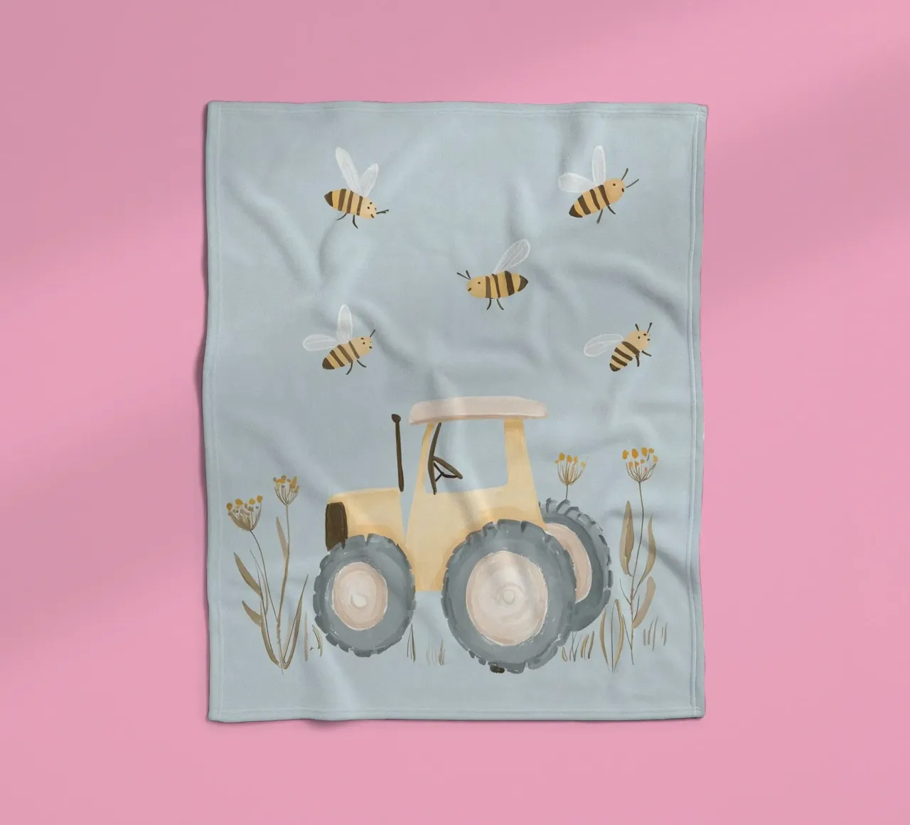 Stampa per cameretta dei ragazzi, illustrazione di trattore e api, arte per bambini coperta in pile da Little Lola