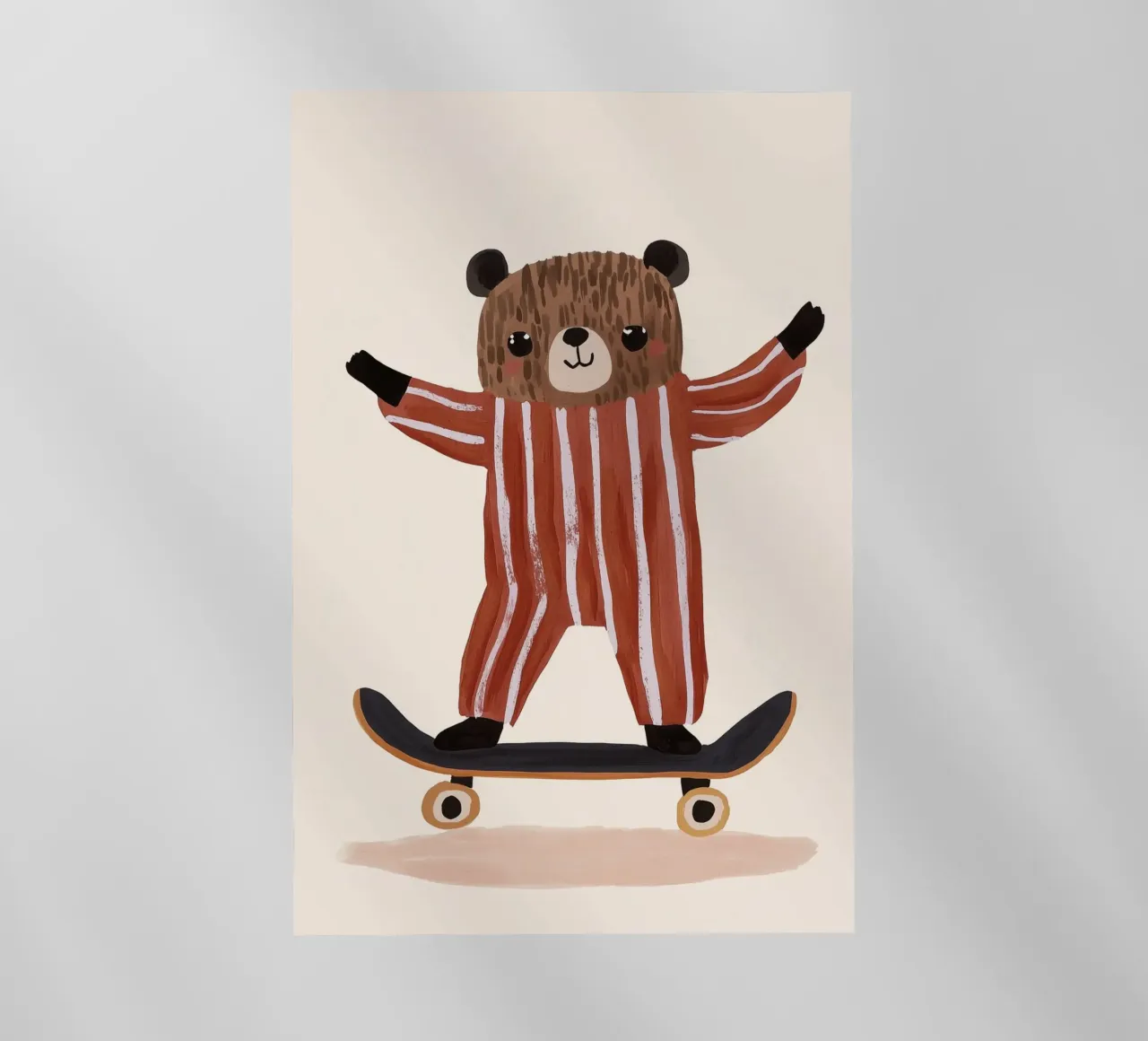 Illustrazione di un orso che fa skateboard, design di una cameretta per bambini pellicola backlit da Little Lola
