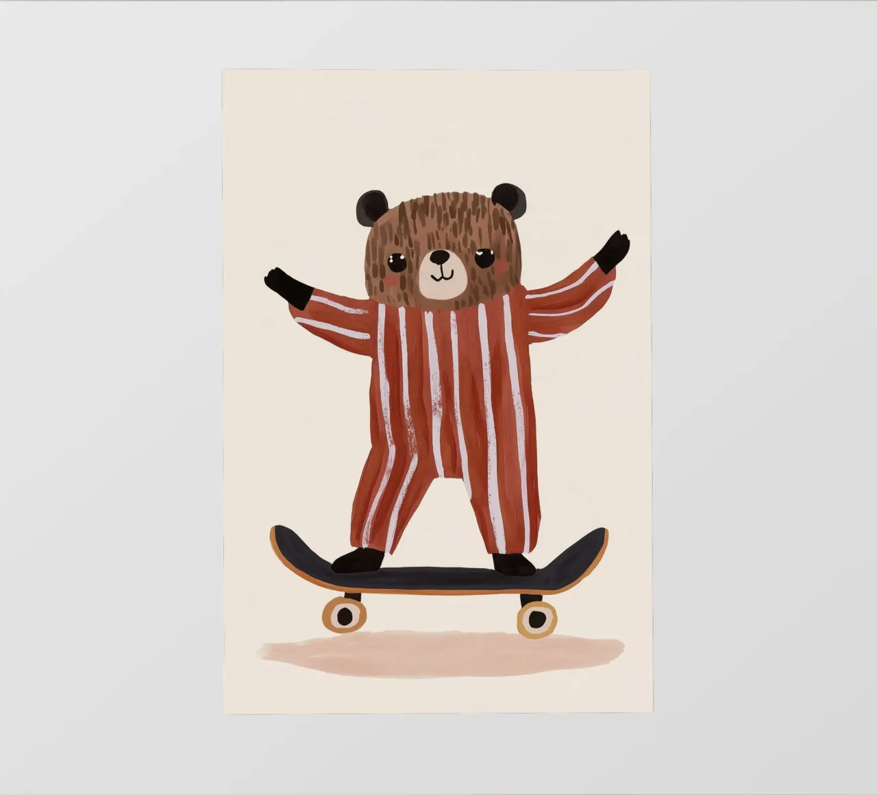 Illustrazione di un orso che fa skateboard, design di una cameretta per bambini pellicola backlit da Little Lola
