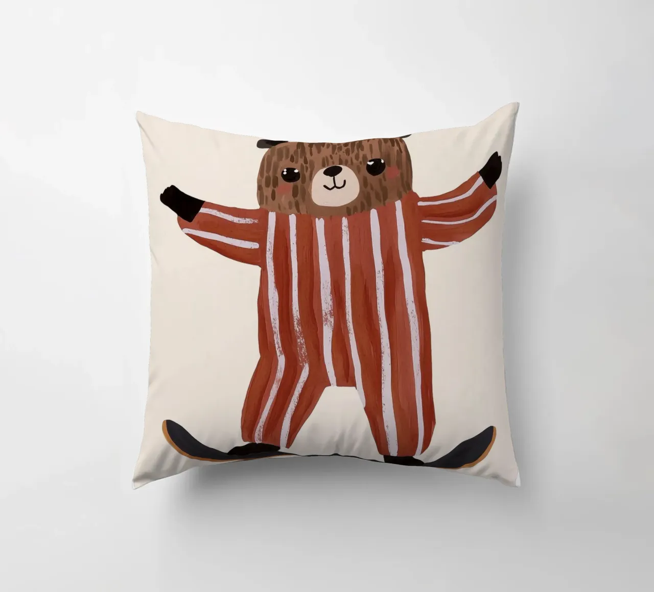 Illustrazione di un orso che fa skateboard, design di una cameretta per bambini cuscino da Little Lola