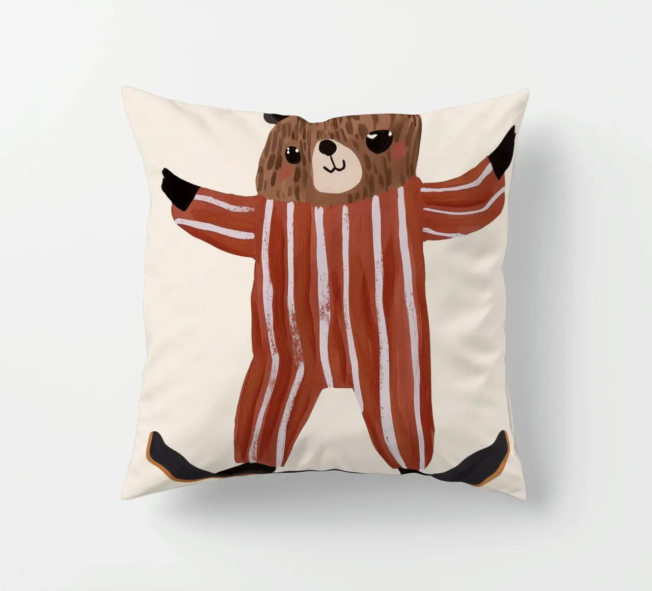 Illustrazione di un orso che fa skateboard, design di una cameretta per bambini cuscino da Little Lola