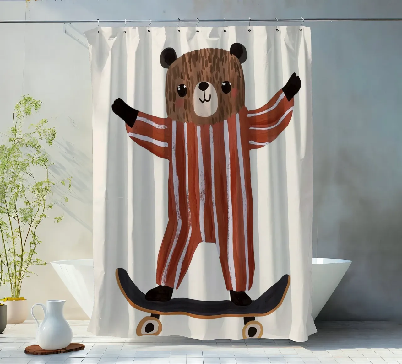 Bear Skateboarding Illustration, Children's Nursery Design shower curtain by Little Lola