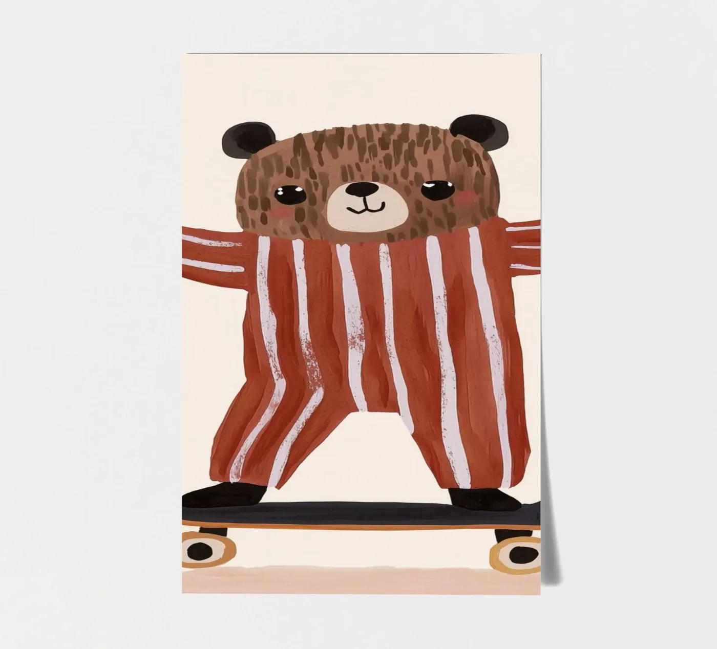 Illustrazione di un orso che fa skateboard, design di una cameretta per bambini foglio adesivo da Little Lola