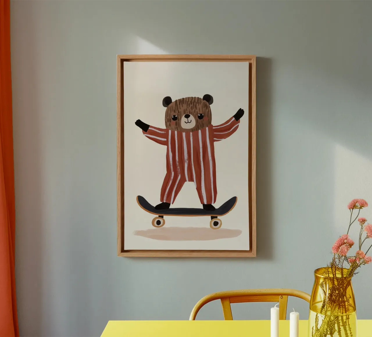 Illustrazione di un orso che fa skateboard, design di una cameretta per bambini tela con Cornice a cassetta da Little Lola