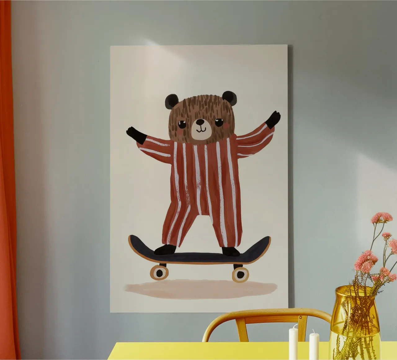 Illustrazione di un orso che fa skateboard, design di una cameretta per bambini tela con Cornice a cassetta da Little Lola