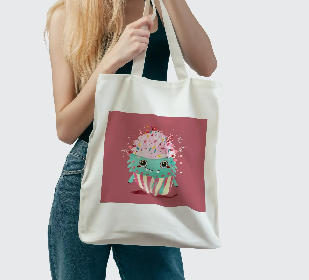 Cupcake monster motif with colourful icing & sprinkles tote bag by namosh