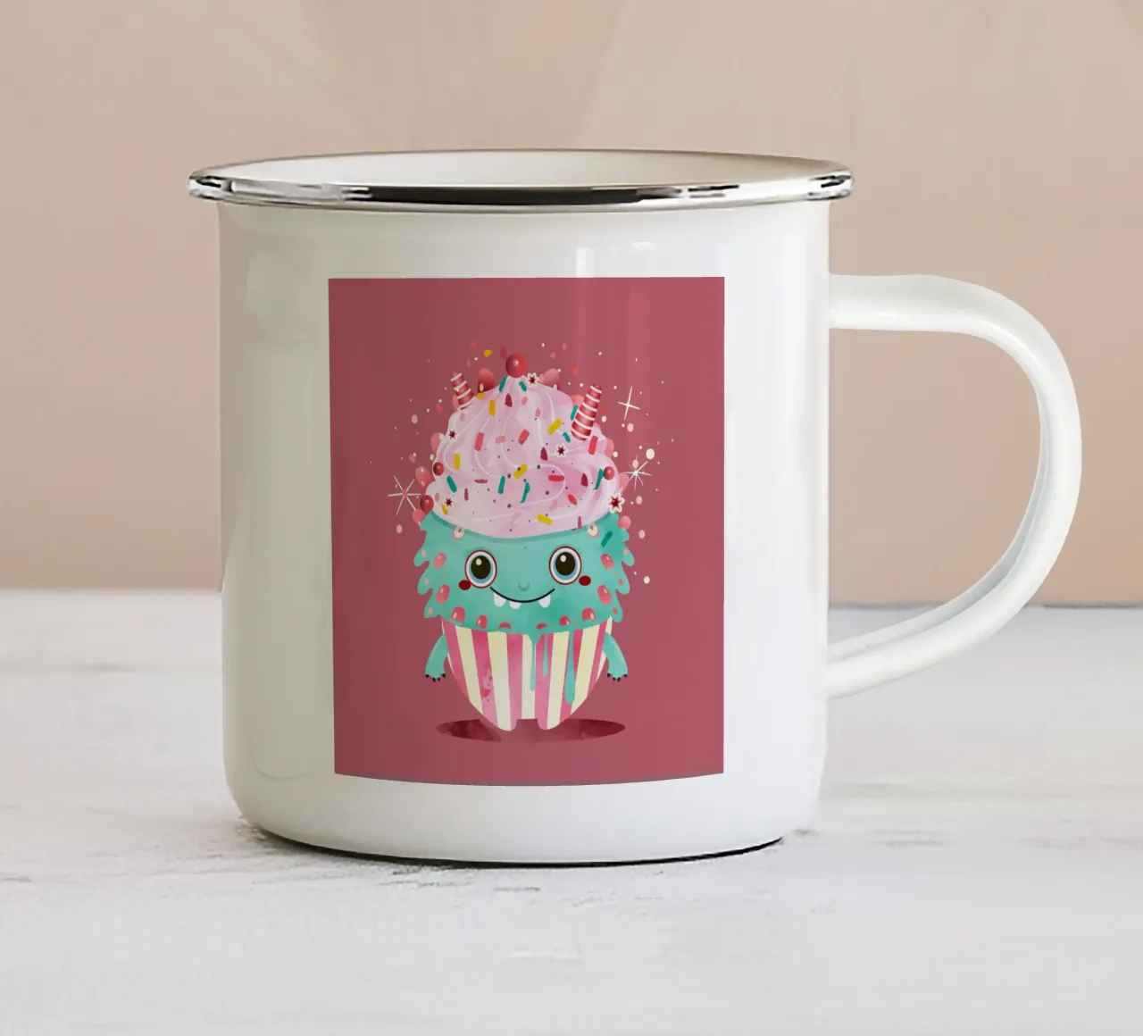 Cupcake monster motif with colourful icing & sprinkles enamel mug by namosh