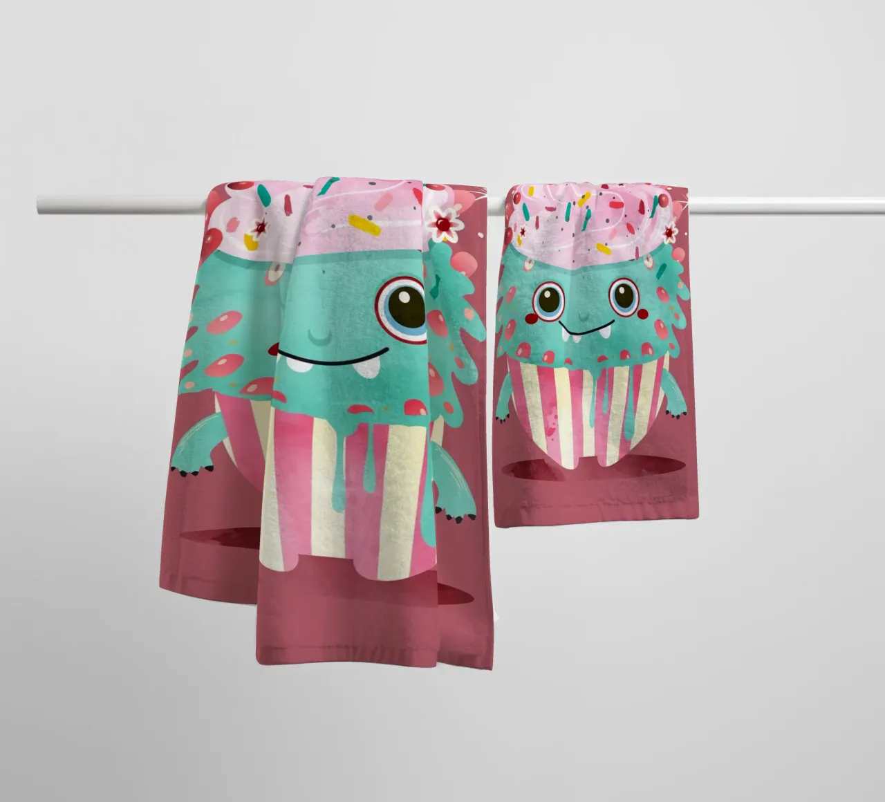 Cupcake monster motif with colourful icing & sprinkles towel by namosh