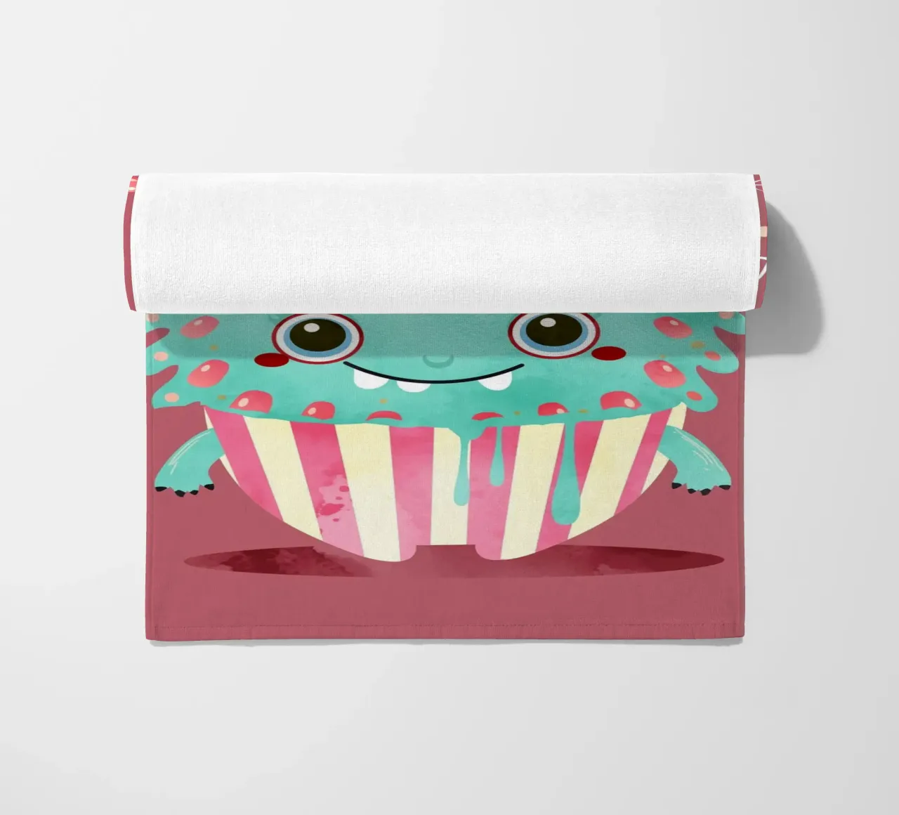 Cupcake monster motif with colourful icing & sprinkles beach towel by namosh