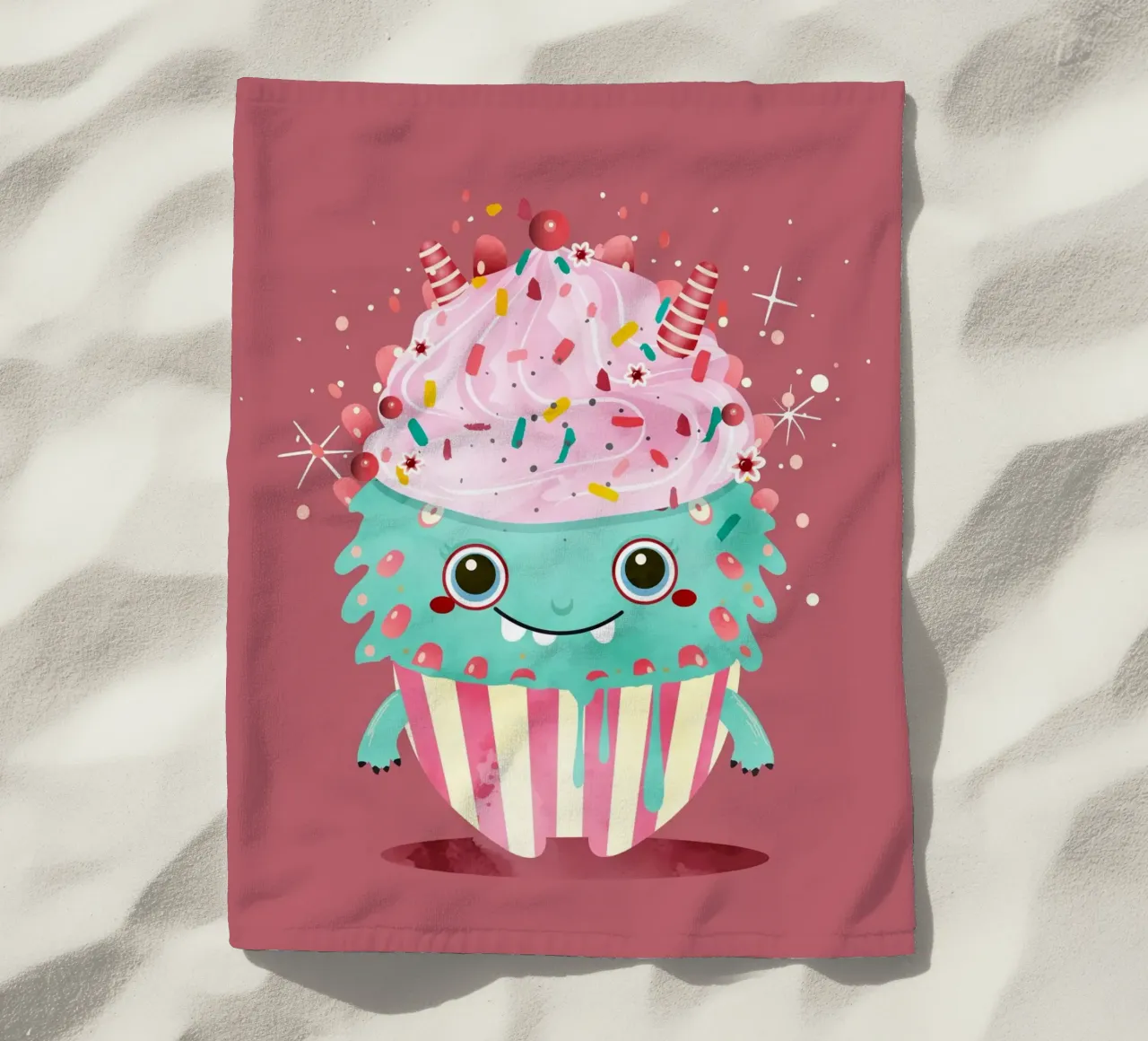 Cupcake monster motif with colourful icing & sprinkles beach towel by namosh