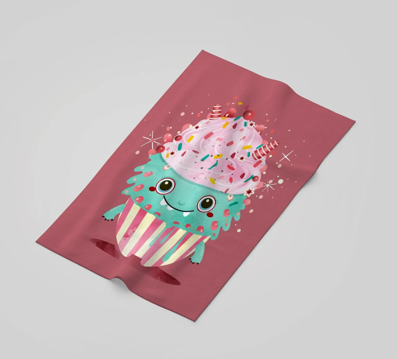 Cupcake monster motif with colourful icing & sprinkles beach towel by namosh