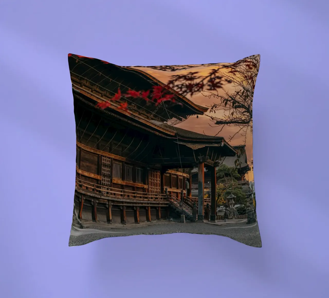 Zenkoji Temple Sunset in Nagano, Japan decorative cushion by Marcel Bisig