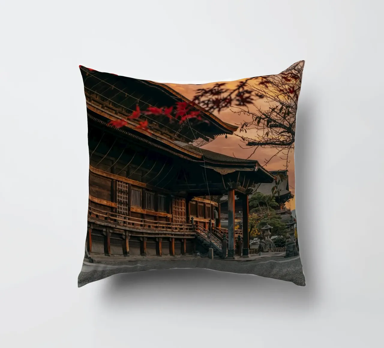Zenkoji Temple Sunset in Nagano, Japan decorative cushion by Marcel Bisig