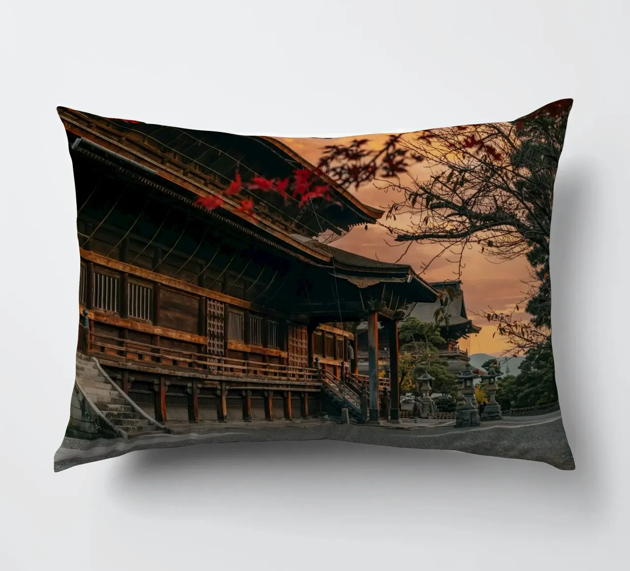 Zenkoji Temple Sunset in Nagano, Japan decorative cushion by Marcel Bisig