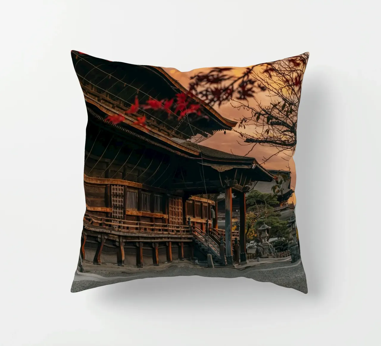 Zenkoji Temple Sunset in Nagano, Japan decorative cushion by Marcel Bisig